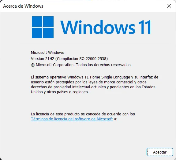 Ventana Acerca de Windows mostrando Windows 11, versión 21H2, compilación 22000.2538