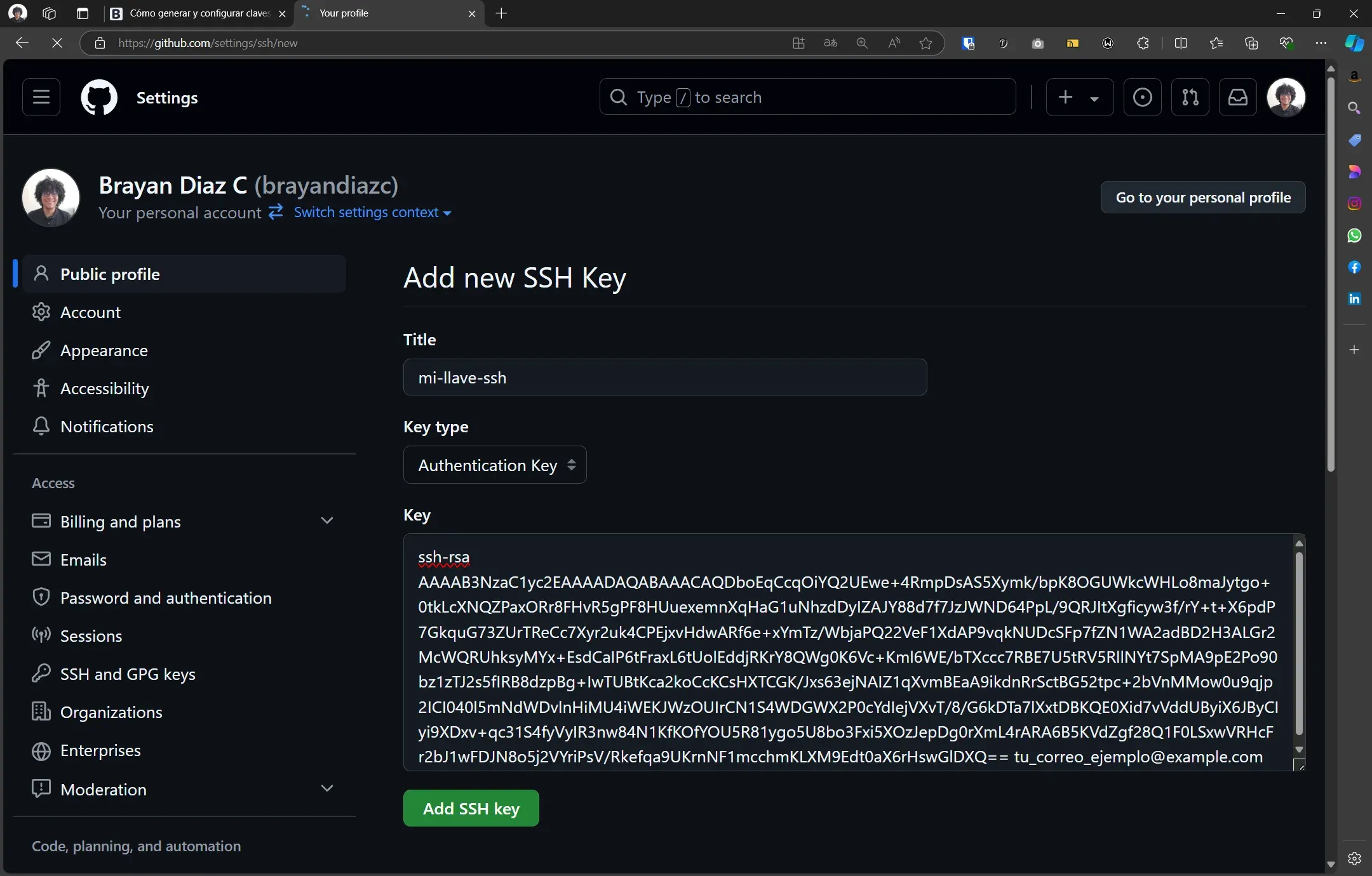 Agregar clave SSH a GitHub
