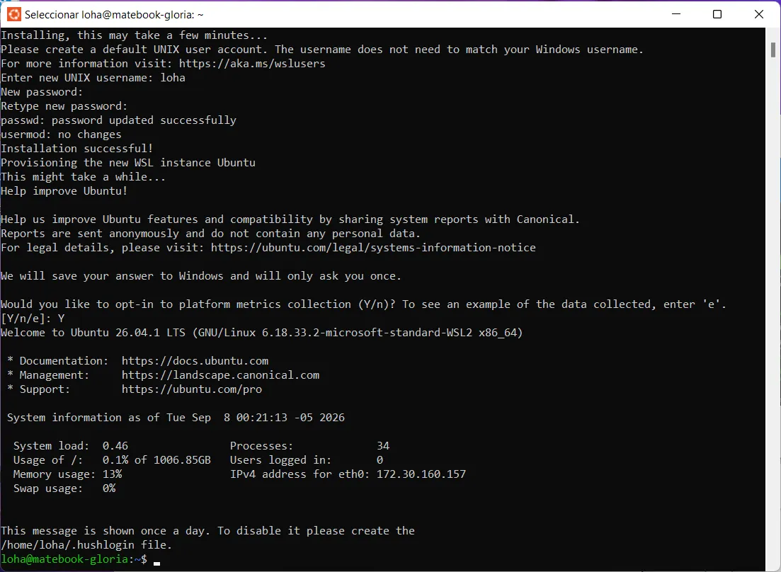 Primer arranque de Ubuntu en WSL pidiendo nombre de usuario y contraseña