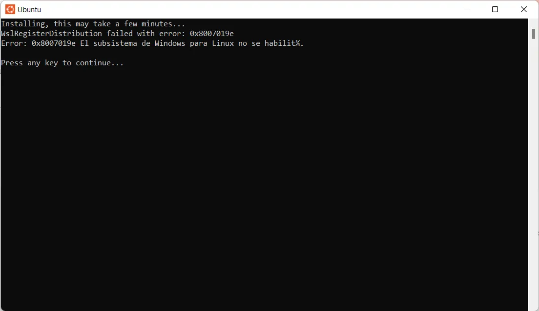 Terminal de Ubuntu con el error 0x8007019e: el subsistema de Windows para Linux no se habilitó